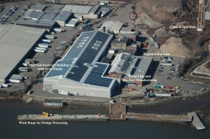 arial photo of Solar panels atop Bayshore Recycling materials recovery facility.