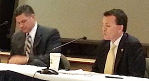 Assembly Majority Leader Louis Greenwald (D-Camden), on left, and Assemblyman Declan O’Scanlon (R-Monmouth) at property tax cut session.