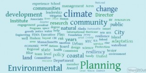 Word cloud highlighting key issues at the Consensus Building Institute's coastal adaptation workshop.