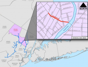 The location of the Passaic County Green Street Demonstration Project at the Haledon Avenue and North Straight Street intersection. Image via Passaic County Green Streets & Infrastructure Presentation.