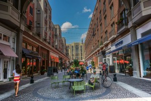 The pedestrian mall in the Banta Place redevelopment project in downtown Hackensack is designed to retain stormwater and reduce combined sewer overflows. 