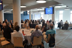 Former Philadelphia Water Company Commissioner Howard Neukrug highlights the One Water concept during his talk at the Jersey Water Works membership meeting. Photo credit: Rachel Host.