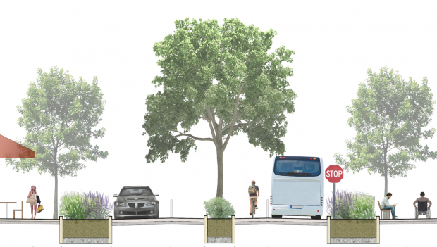 Green streets are pedestrian-friendly alternatives to traditional streets. See the toolkit for a side-by-side comparison of green and traditional streets. Graphic designed by E&LP for NJF.