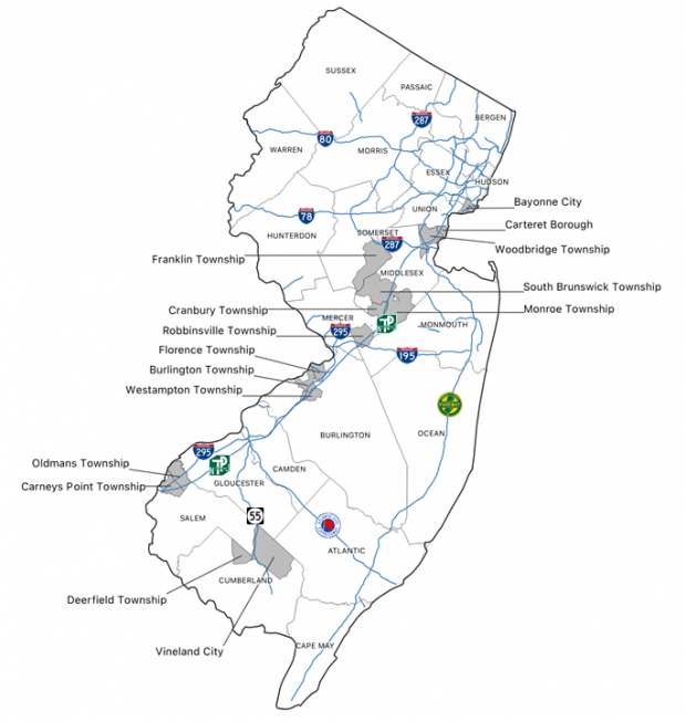  Of the 15 municipalities in which warehousing has consumed the largest amounts of previously-undeveloped acreage since 1995 (as estimated by a combination of increased industrial land area and increased employment in the goods-movement sectors of the economy), most are clustered near New Jersey Turnpike interchanges, offering trucks a direct route to ports.